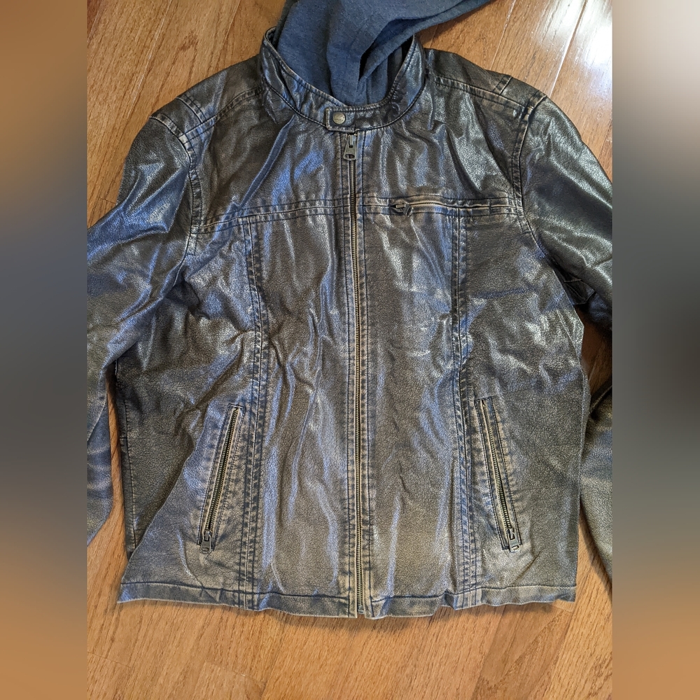 Levi's Chocolate Brown Faux Leather Gray Hoodie Thick Moto Winter Jacket Men's L - Picture 2 of 9